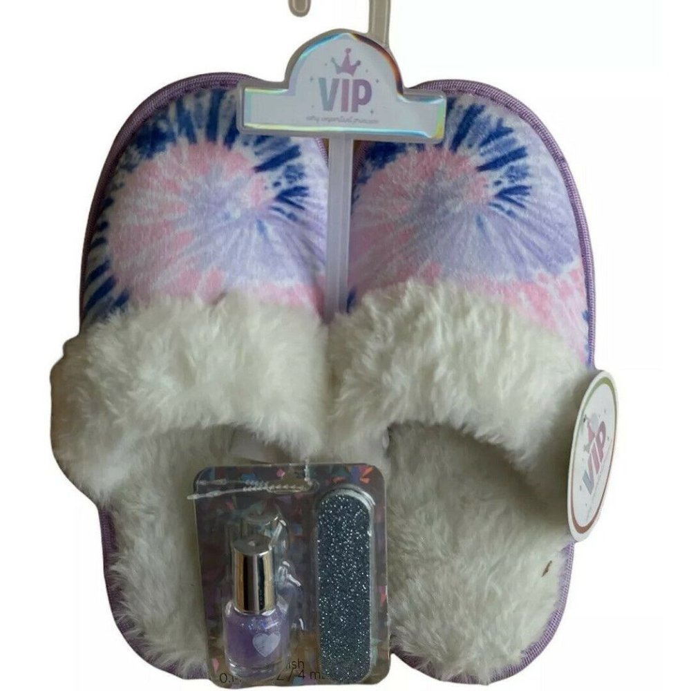 🐶Girl’s Slippers L (1-2)VIP Slippers Tie Dye Lilac Faux Fur with nail polish